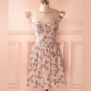 Hell Bunny Pink Floral Birdcage Ruffle Sleeve Mini Dress Size Small